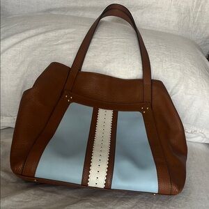 Chic Brown and Blue Tote with Striking Stripes